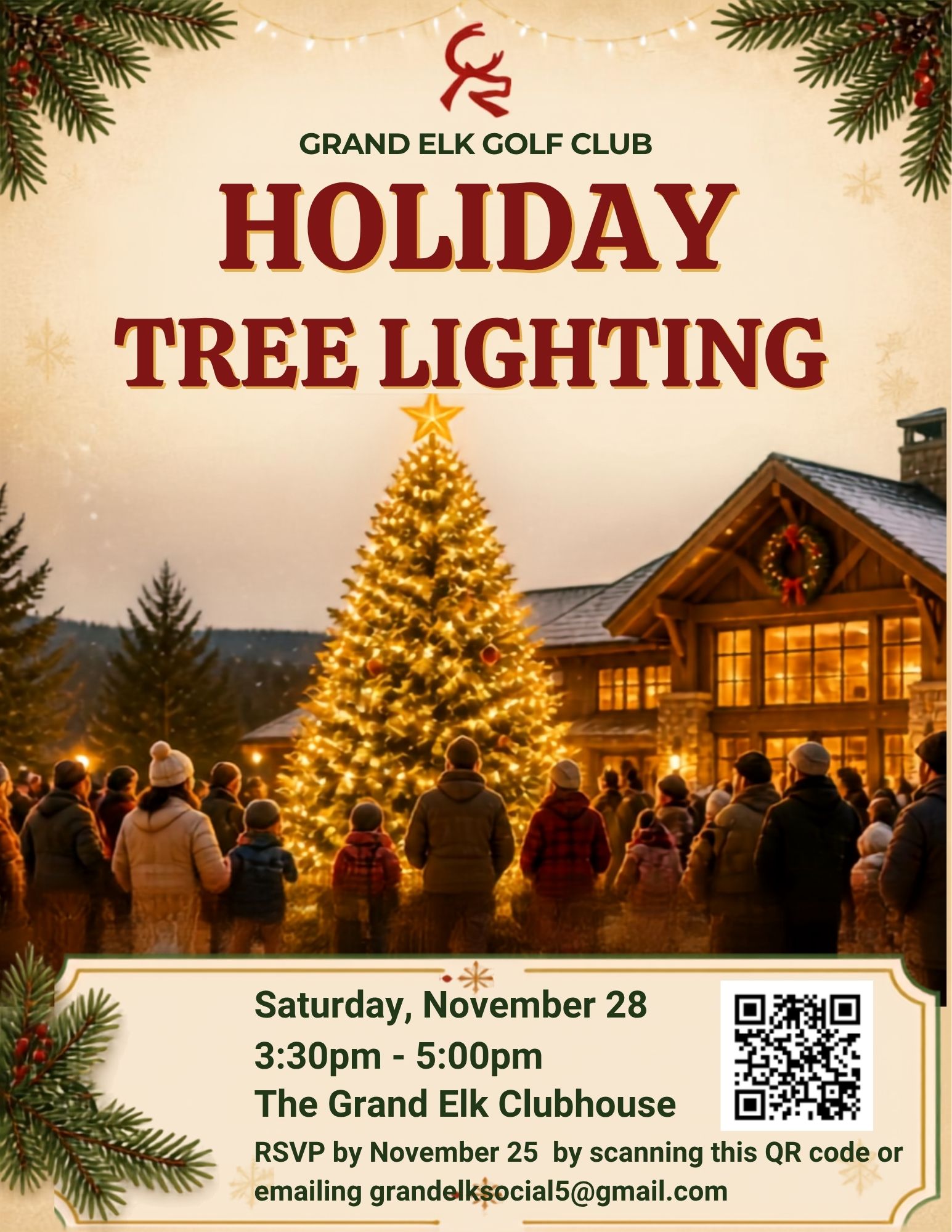 Grand Elk Tree Lighting at the Grand Elk Clubhouse, Saturday, November 28 from 3:30pm - 5:30pm.